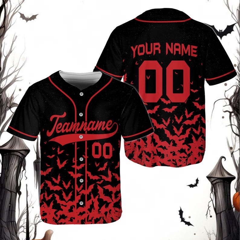 Custom Halloween Baseball Jersey with Personalized Name and Number, Spooky Flying Bats Print, Unique Costume Gift for Halloween Party baseball jersey product view 1