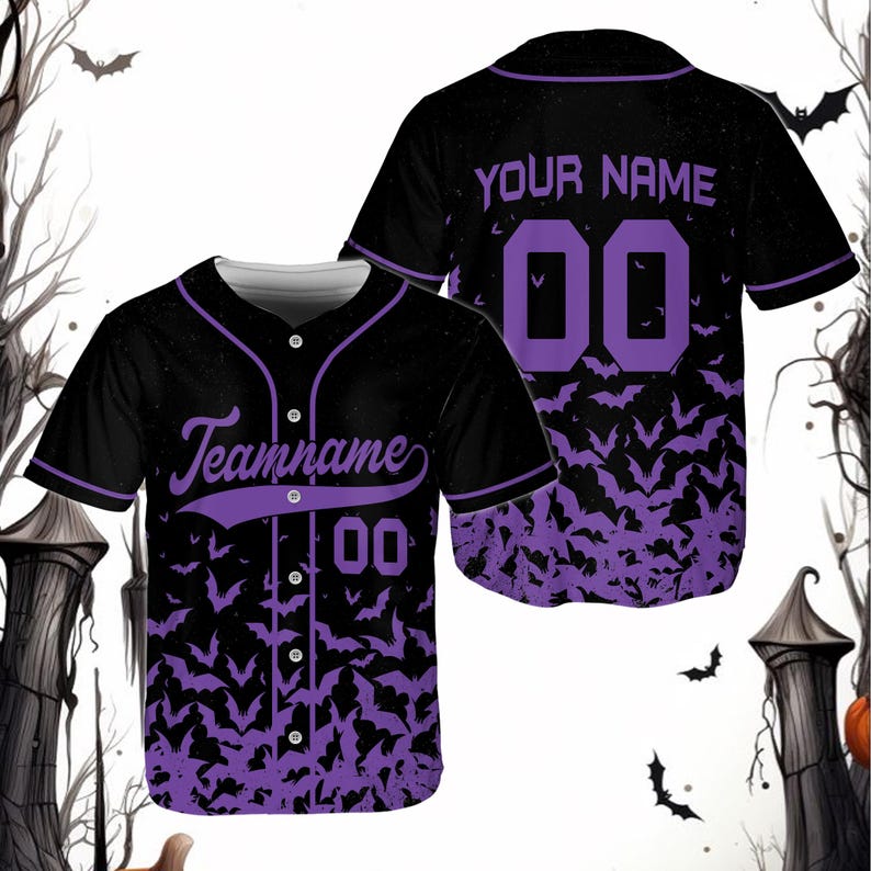 Custom Halloween Baseball Jersey with Personalized Name and Number, Spooky Flying Bats Print, Unique Costume Gift for Halloween Party baseball jersey product view 4