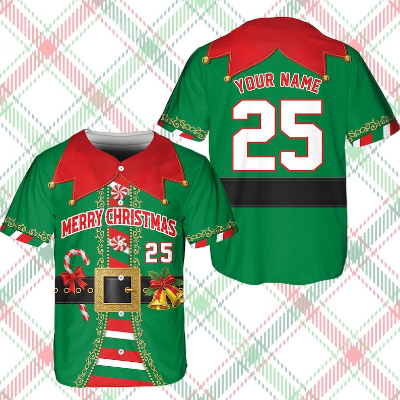 Personalized Christmas Baseball Jersey Adult Kid Youth, Custom Name Number Holiday Jersey, Funny Xmas Gift Team Uniform Santa Costume baseball jersey product view 2