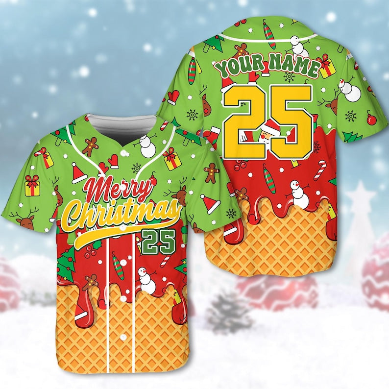 Custom Christmas Xmas Baseball Jersey, Personalized Name Number Shirt, Merry Family Xmas Shirt Gift Snowman Gingerbread Adult Kid Youth baseball jersey product view 1