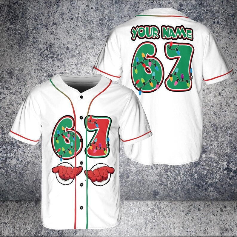 Funny Christmas '67' Meme Baseball Jersey, Festive Holiday Outfit baseball jersey product view 4