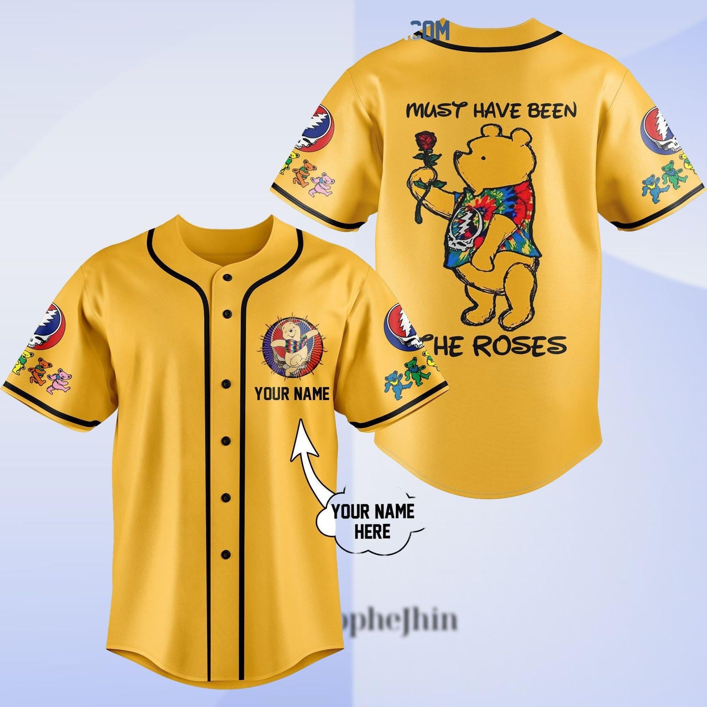 Grateful Dead Pooh Baseball Jersey, Hippie Pooh Shirt, Trippy Rose Tie Dye Pooh Top, Must Have Been the Roses Shirt, Festival Outfit baseball jersey product view 1
