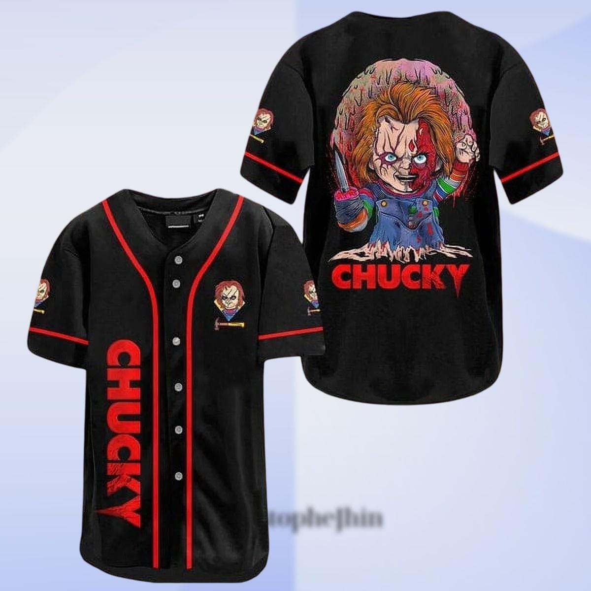 Chucky Horror Baseball Jersey, Funny Killer Doll Shirt, Halloween Costume Tee, Scary Movie Fan Gift, Kids Baseball Top baseball jersey product view 1