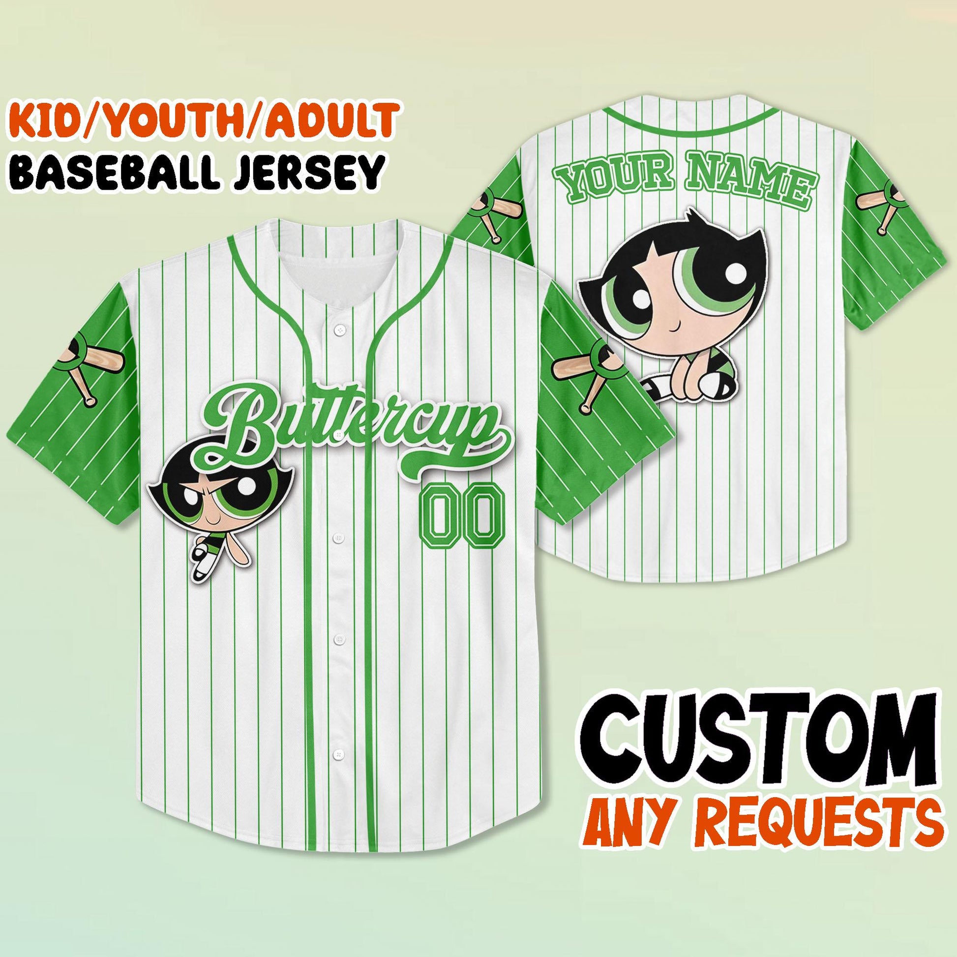 Custom Buttercup Baseball Jersey, Kid Youth Adult Jersey, Personalized Name Number Shirt, Power Cartoon Team Jersey, Gift for Fans baseball jersey product view 1