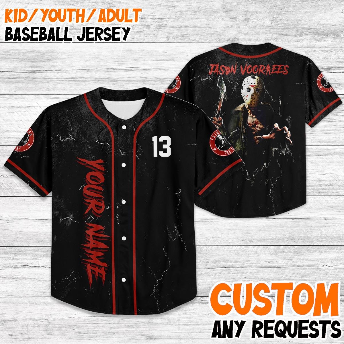 Custom Jason Voorhees Baseball Jersey, Friday the 13th Horror Jersey, Personalized Halloween Jersey Shirt, Scary Movie Fan Gift baseball jersey product view 1