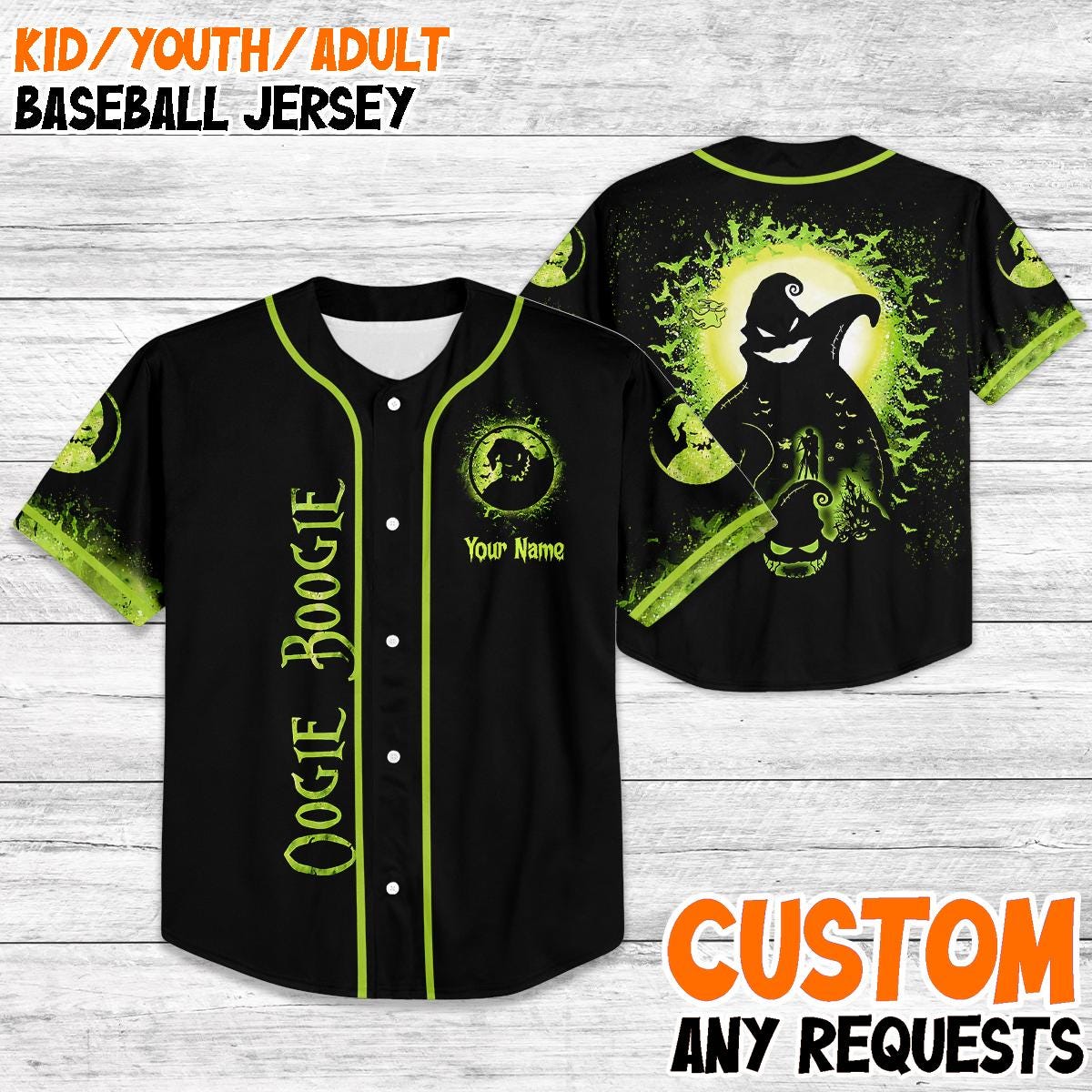 Custom Oogie Boogie Baseball Jersey, Nightmare Halloween Shirt, Glow Green Spooky Jersey, Personalized Halloween Costume Tee baseball jersey product view 1