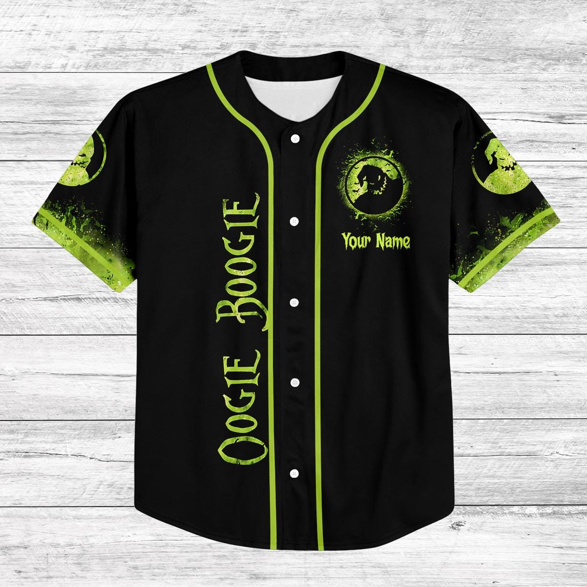 Custom Oogie Boogie Baseball Jersey, Nightmare Halloween Shirt, Glow Green Spooky Jersey, Personalized Halloween Costume Tee baseball jersey product view 2