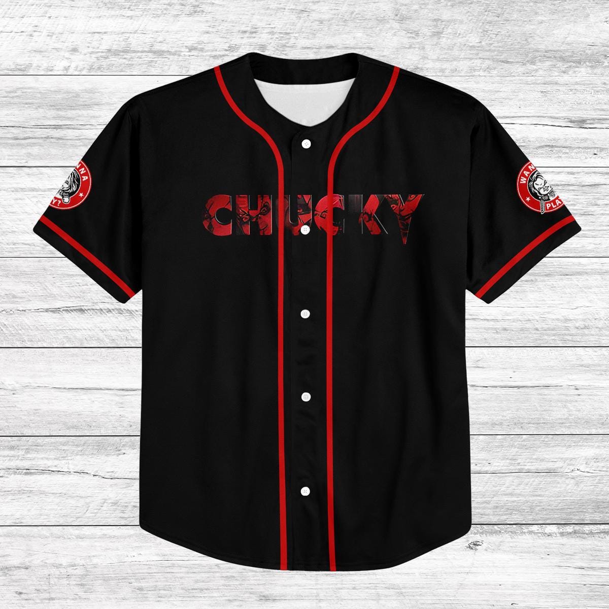 Custom Chucky Baseball Jersey, Kids Youth Adult Horror Jersey, Personalized Halloween Shirt, Scary Movie Costume Jersey Tee baseball jersey product view 2