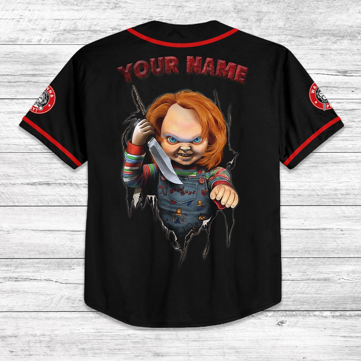 Custom Chucky Baseball Jersey, Kids Youth Adult Horror Jersey, Personalized Halloween Shirt, Scary Movie Costume Jersey Tee baseball jersey product view 3