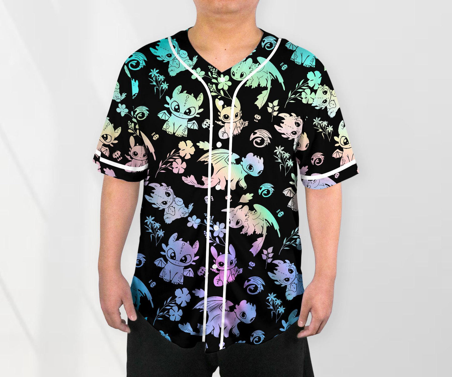 Toothless Baseball Jersey Shirt, Cute Dragon Button Up Shirt, Pastel Dragon Jersey Gift for Adults, Unisex Dragon Shirt baseball jersey product view 2