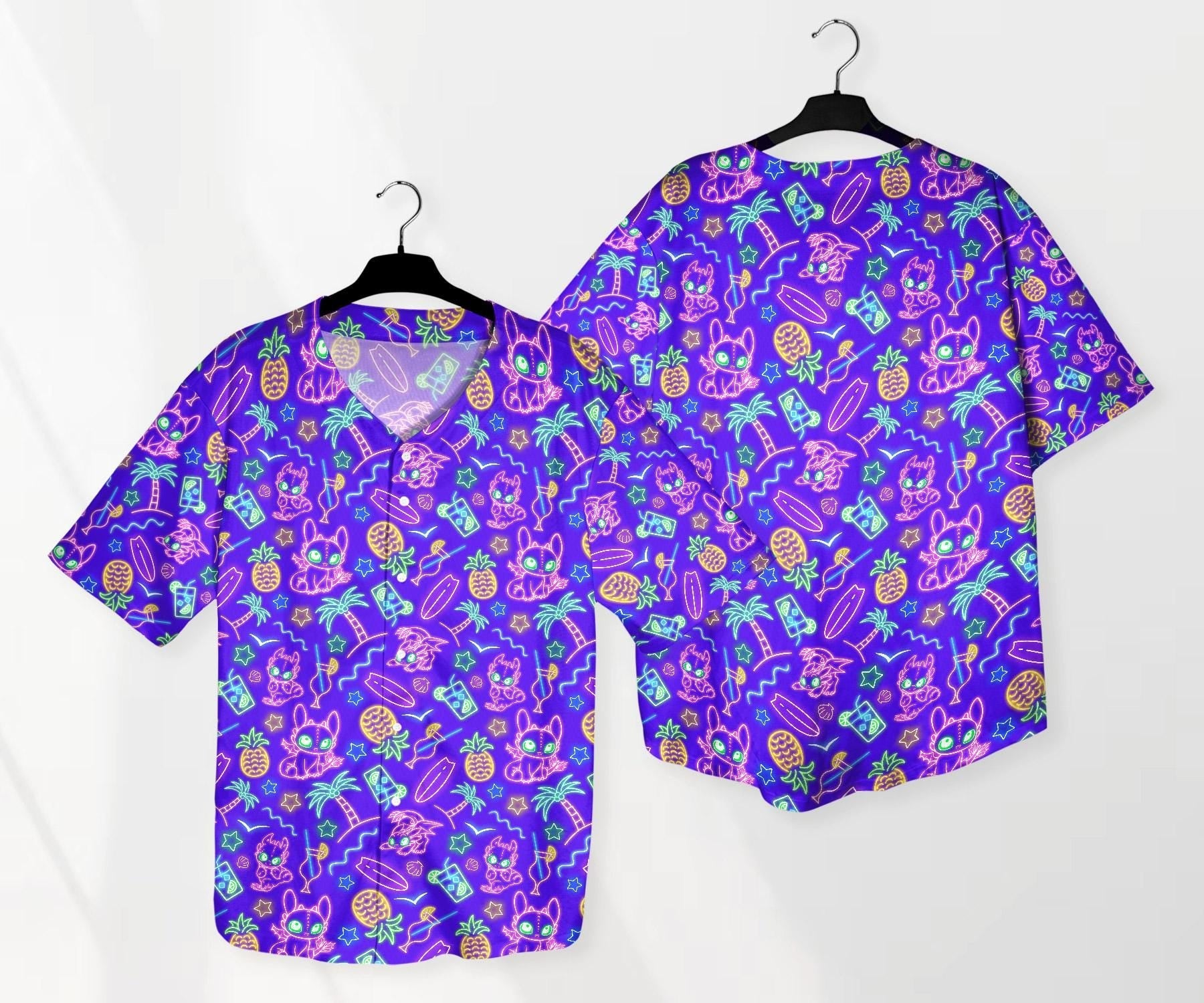 Toothless Baseball Jersey Shirt, Neon Dragon Button Up Shirt, Tropical Beach Style Jersey Gift for Adults, Unisex Dragon Shirt baseball jersey product view 1