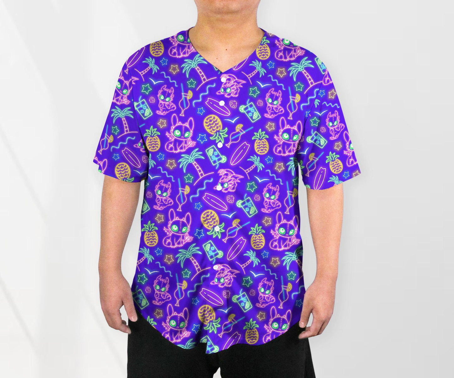 Toothless Baseball Jersey Shirt, Neon Dragon Button Up Shirt, Tropical Beach Style Jersey Gift for Adults, Unisex Dragon Shirt baseball jersey product view 2