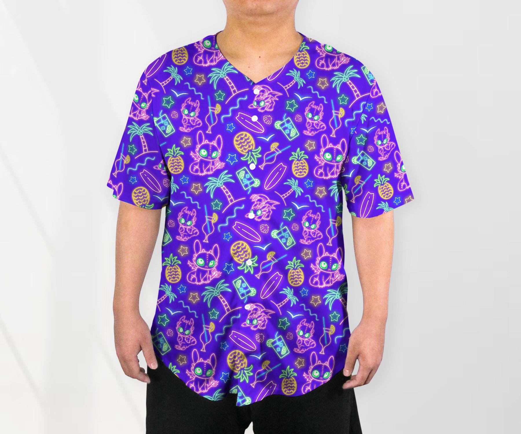 Toothless Baseball Jersey Shirt, Neon Dragon Button Up Shirt, Tropical Beach Style Jersey Gift for Adults, Unisex Dragon Shirt baseball jersey product view 2