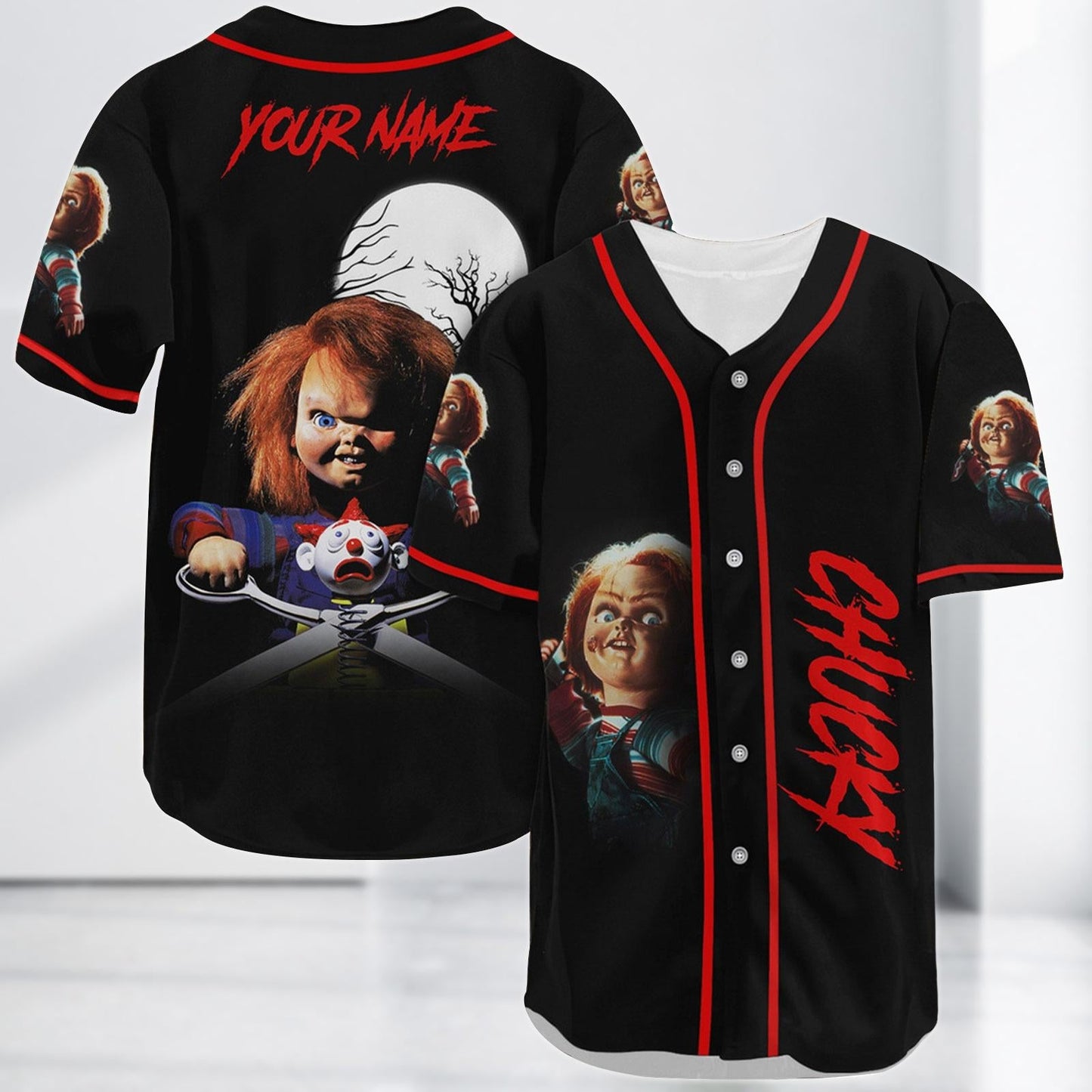 Chucky Baseball Jersey, Halloween Horror Jersey Shirt, Child’s Play Scary Baseball Shirt, Halloween Kids Jersey Gift baseball jersey product view 2