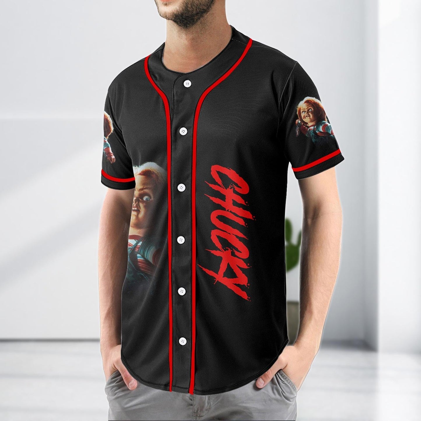 Chucky Baseball Jersey, Halloween Horror Jersey Shirt, Child’s Play Scary Baseball Shirt, Halloween Kids Jersey Gift baseball jersey product view 3
