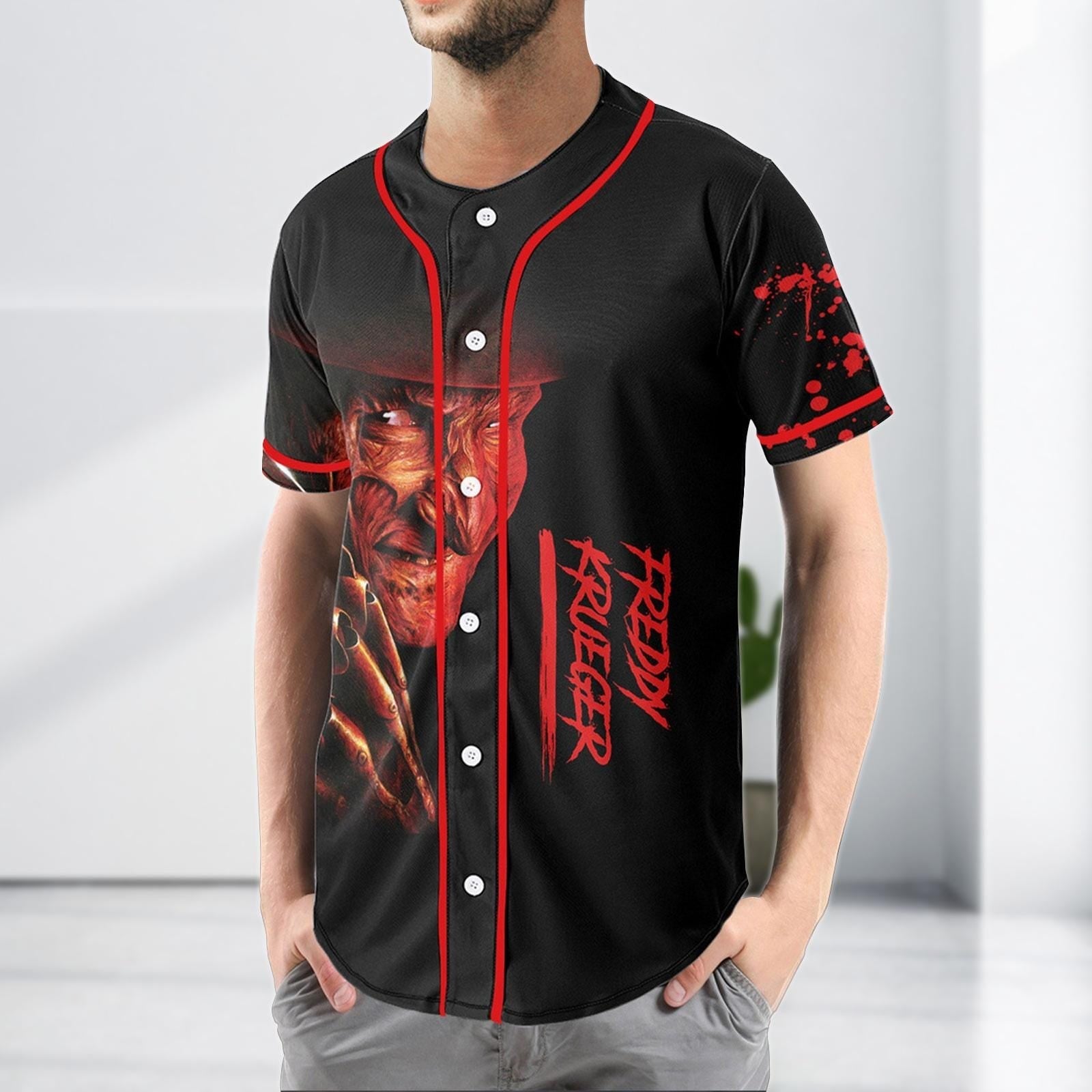 Custom Freddy Krueger Baseball Jersey, Halloween Horror Shirt, Scary Movie Jersey Shirt, Halloween Gift For Kids baseball jersey product view 3