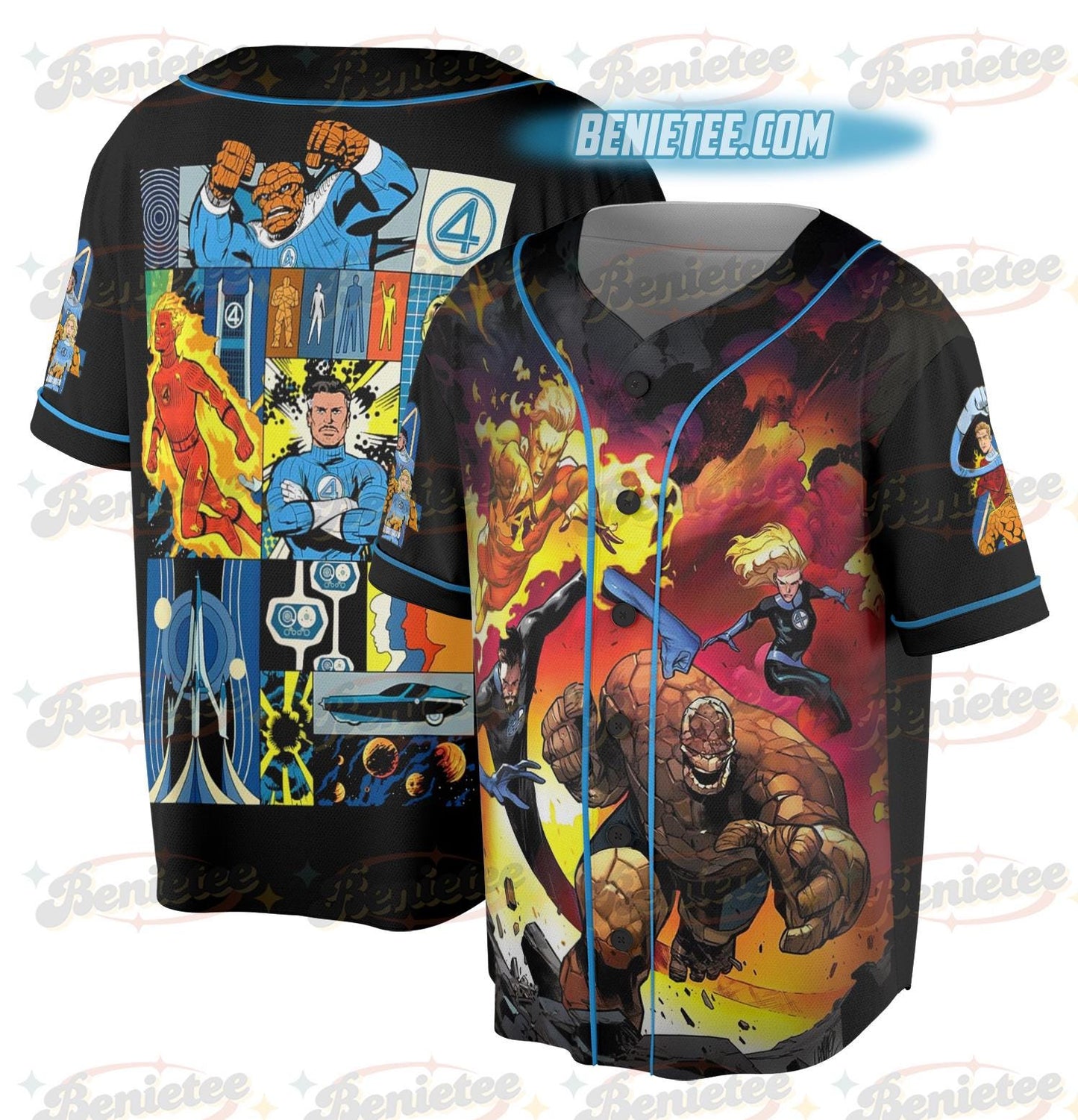 Fantastic Four Team Baseball Jersey, Pedro Friend Retro Superhero Tee baseball jersey product view 1
