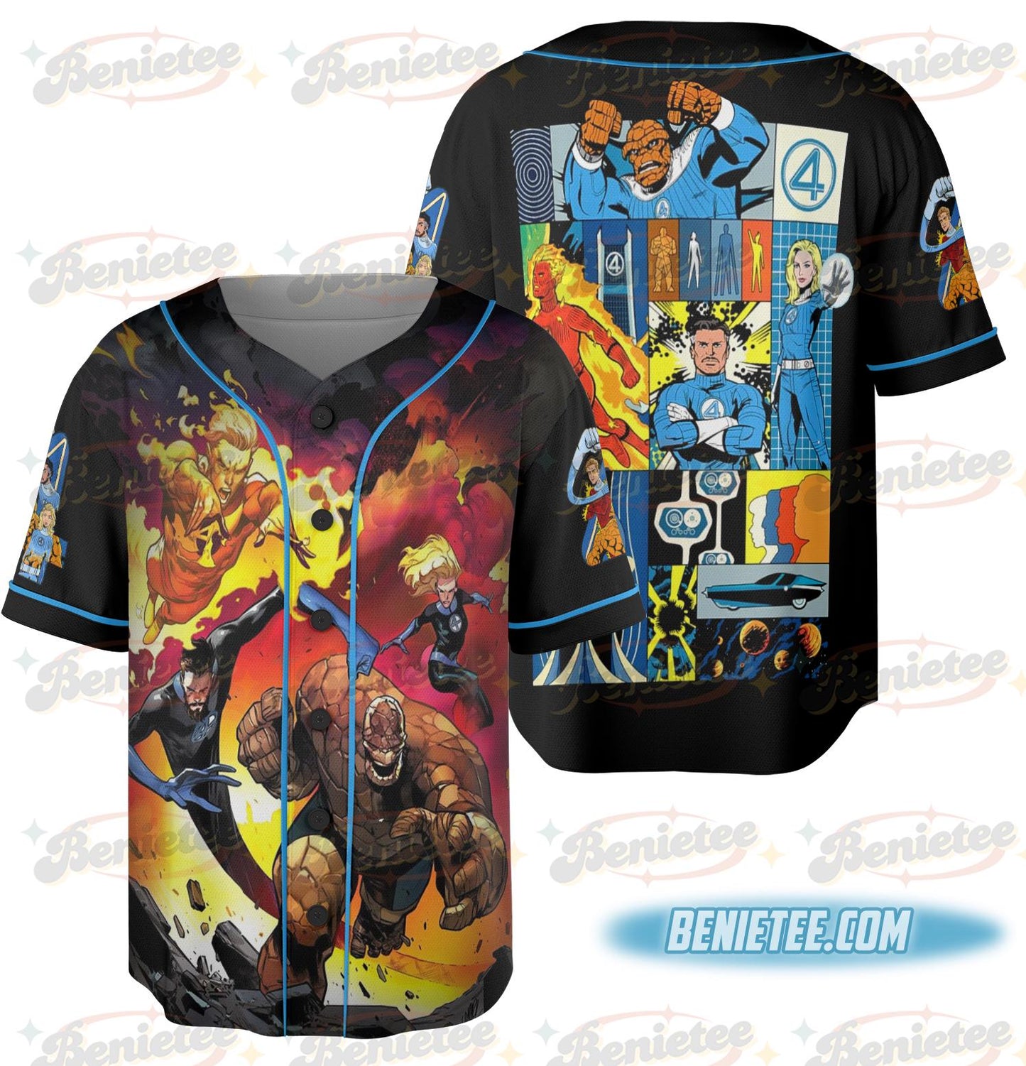 Fantastic Four Team Baseball Jersey, Pedro Friend Retro Superhero Tee baseball jersey product view 2