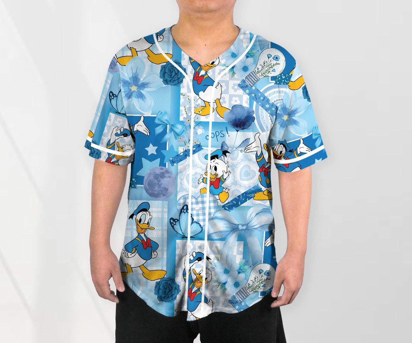Donald Baseball Jersey Shirt, Cute Duck Button Up Shirt, Pastel Blue Cartoon Jersey Gift for Adults, Unisex Comic Style Shirt baseball jersey product view 2