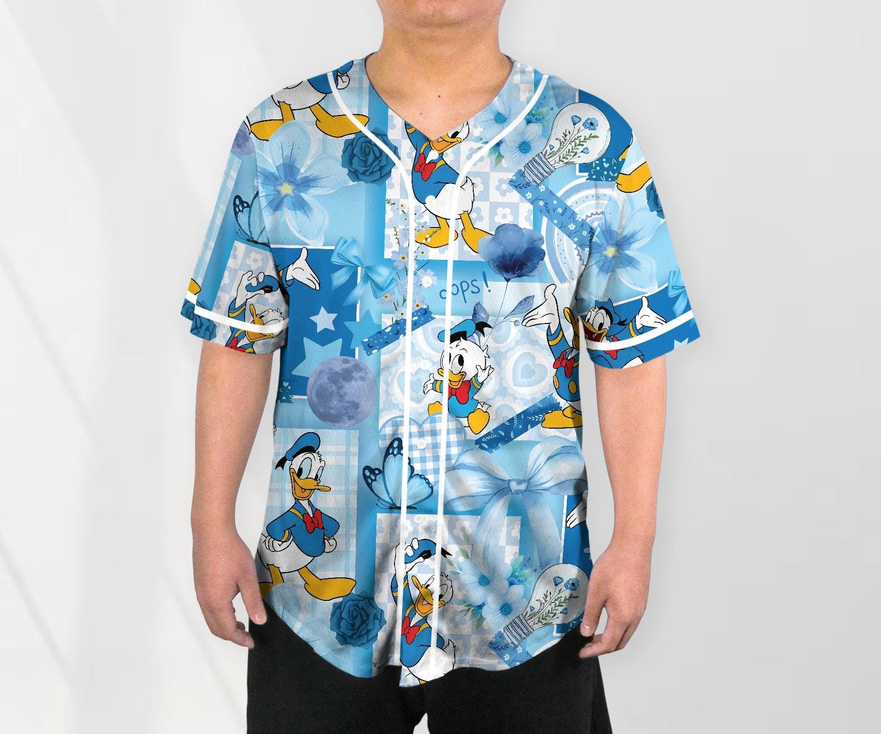 Donald Baseball Jersey Shirt, Cute Duck Button Up Shirt, Pastel Blue Cartoon Jersey Gift for Adults, Unisex Comic Style Shirt baseball jersey product view 2
