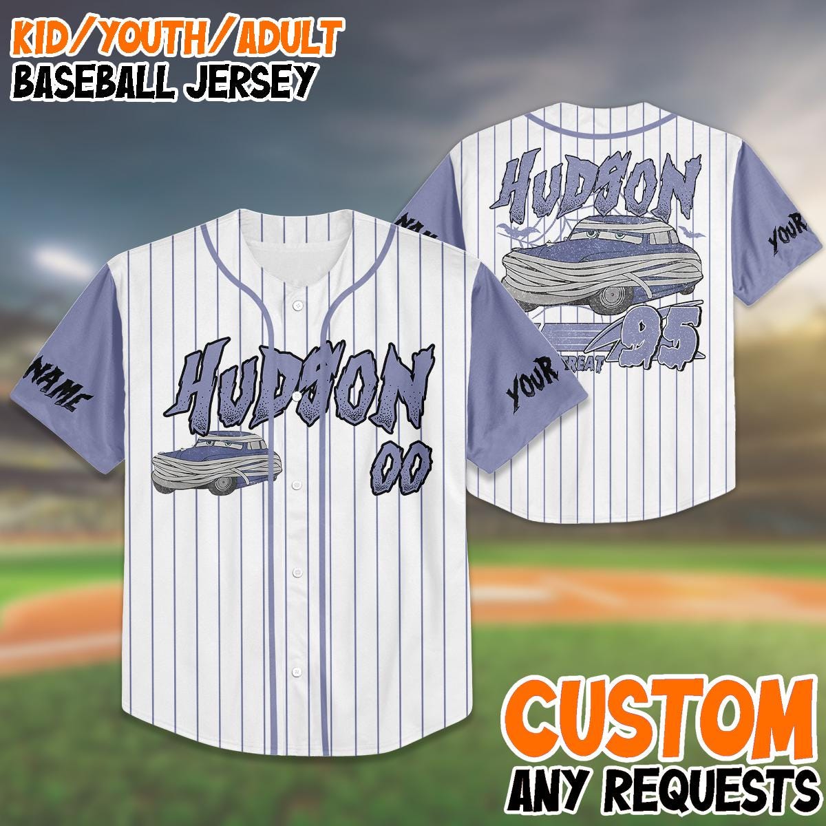 Custom Halloween Baseball Jersey | Personalized Hudson Car Jersey | Trick or Treat Outfit for Kids, Youth, Adults | Unique Costume baseball jersey product view 1