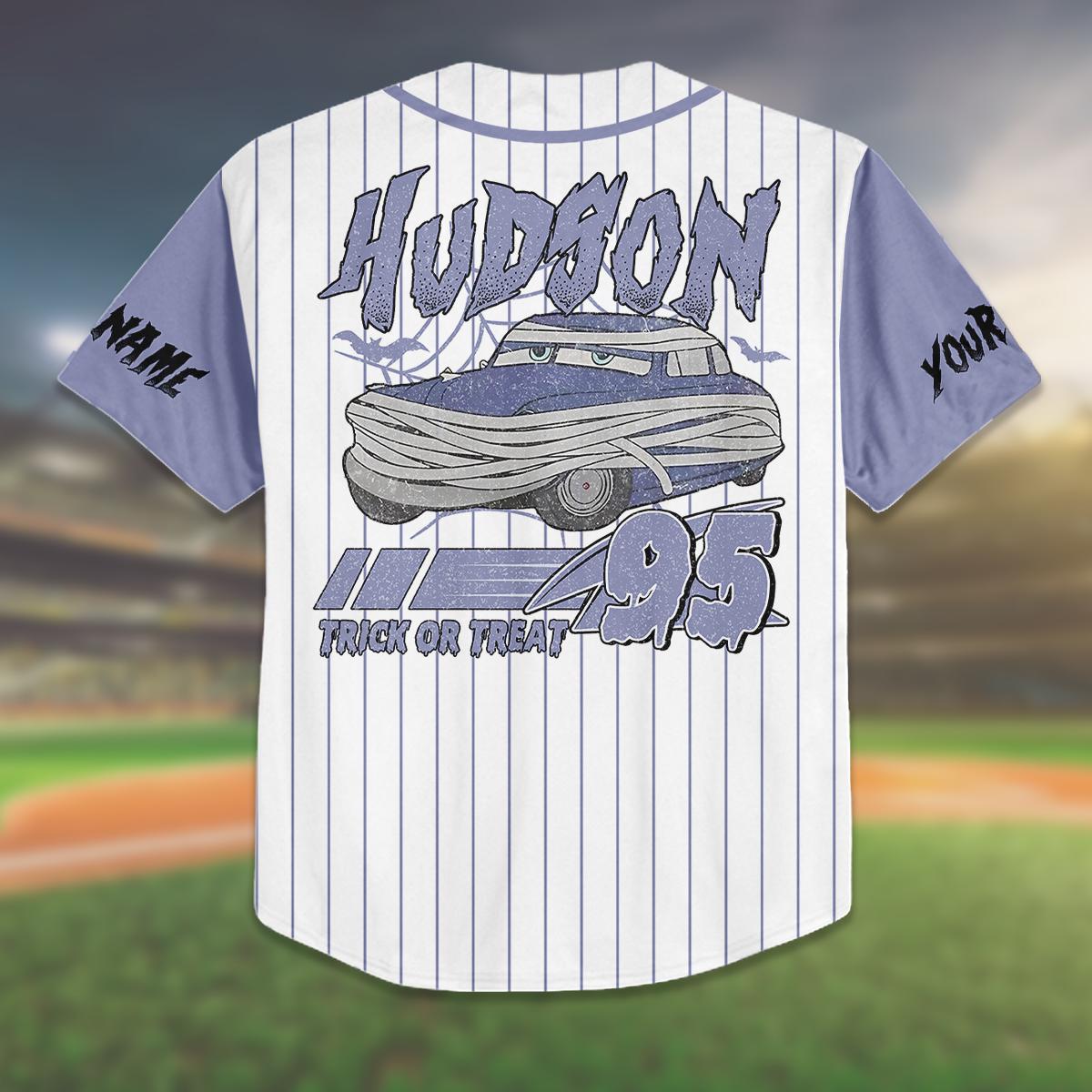 Custom Halloween Baseball Jersey | Personalized Hudson Car Jersey | Trick or Treat Outfit for Kids, Youth, Adults | Unique Costume baseball jersey product view 3