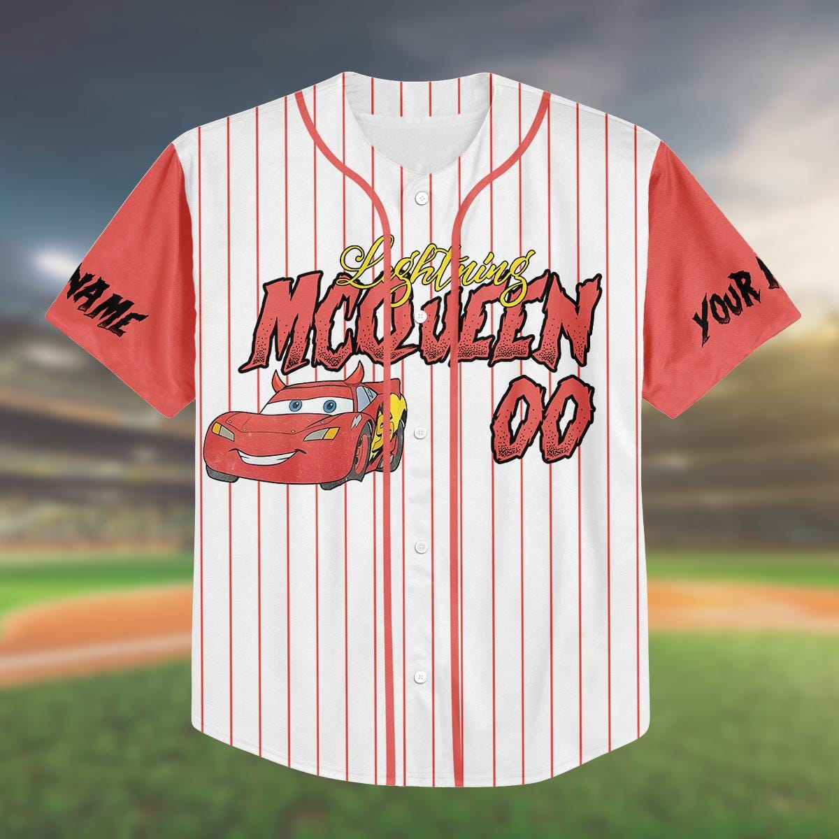 Custom Lightning McQueen Baseball Jersey, Halloween Trick or Treat Shirt, Kids Youth Adult Costume, Personalized Name Number baseball jersey product view 2
