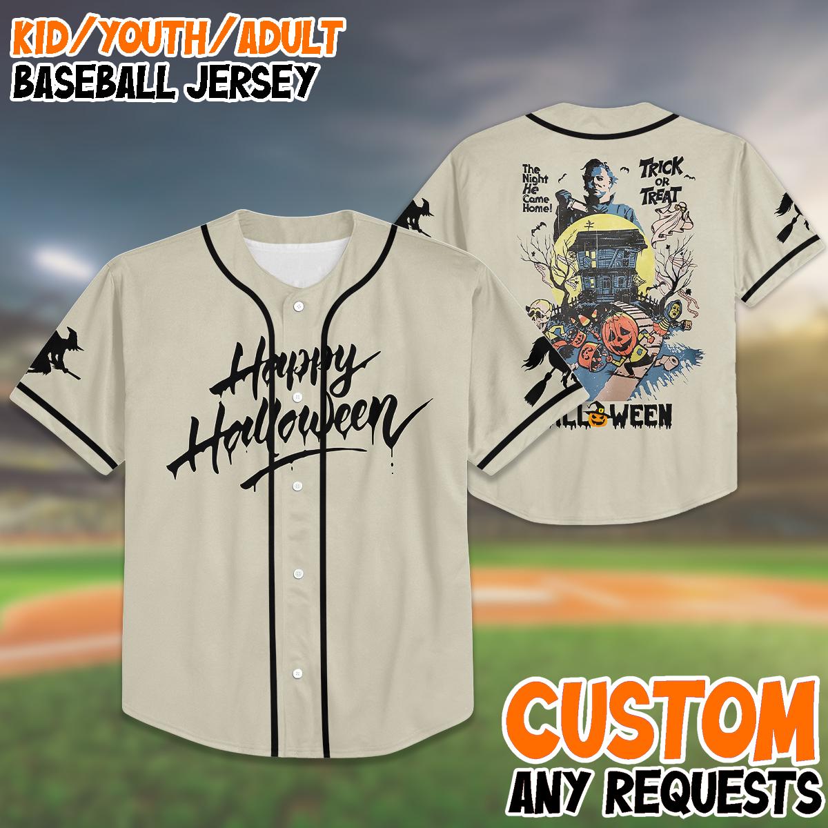Custom Halloween Baseball Jersey, Happy Halloween Shirt, Kid Youth Adult Jersey, Trick or Treat Outfit, Spooky Matching Family Top baseball jersey product view 1