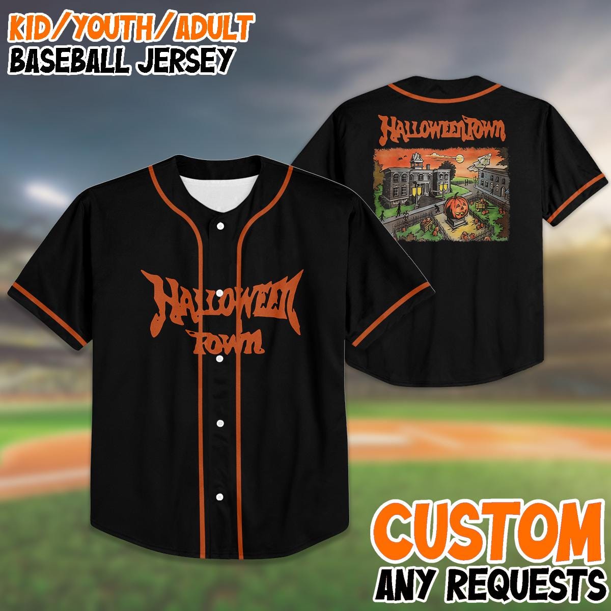 Halloween Town Baseball Jersey, Custom Halloween Shirt, Kid Youth Adult Jersey, Spooky Matching Outfit, Trick or Treat Costume Top baseball jersey product view 1