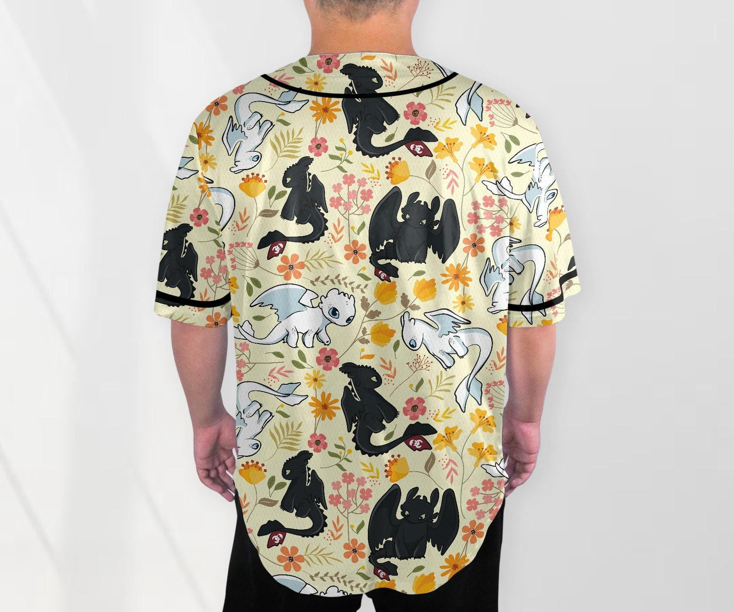 Toothless Baseball Jersey Shirt, Light Fury Dragon Floral Shirt, Cute Fantasy Button Up Gift for Adults, Unisex Dragon Jersey Gift baseball jersey product view 3