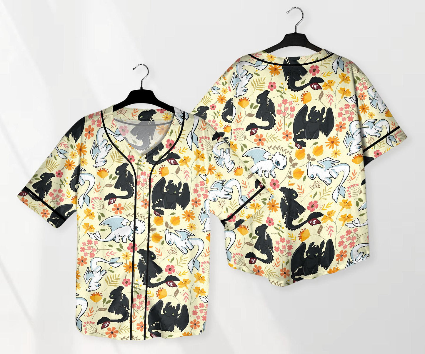 Toothless Baseball Jersey Shirt, Light Fury Dragon Floral Shirt, Cute Fantasy Button Up Gift for Adults, Unisex Dragon Jersey Gift baseball jersey product view 1