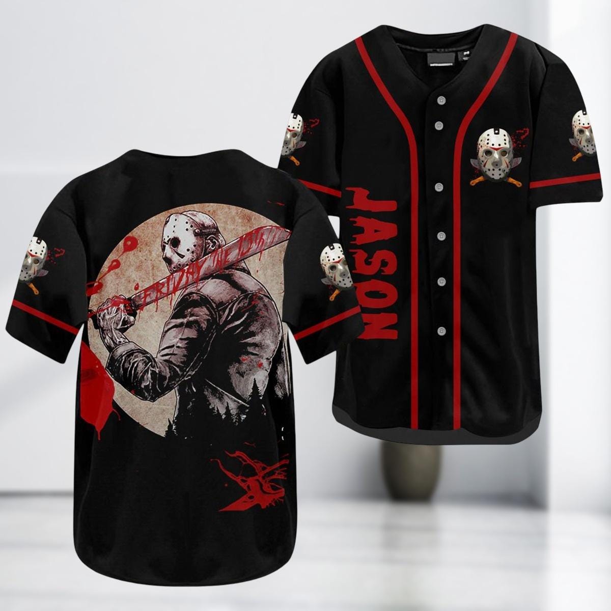 Halloween Jason Voorhees Baseball Jersey, The Friday The 13th Jersey Kids Shirt, Horror Inspired Shirt, Men Kids Jersey Shirt, Hallowee baseball jersey product view 1