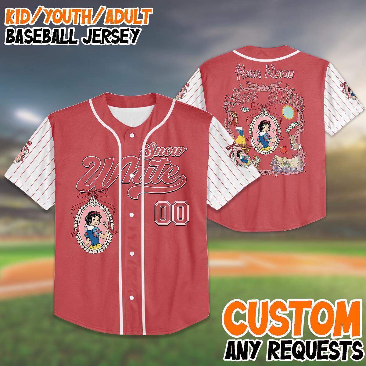 Custom Snow White Baseball Jersey, Personalized Birthday Shirt, Princess Party Outfit, Kid Youth Adult Sizes, Unique Gift Idea baseball jersey product view 1