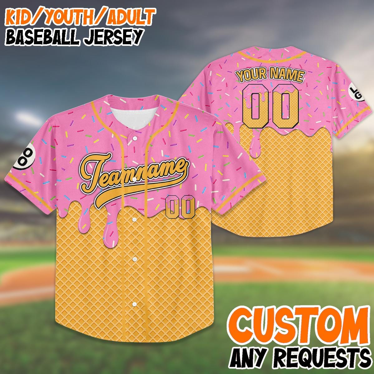 Custom Ice Cream Baseball Jersey, Personalized Name Number Shirt, Birthday Gift, Family Trip Matching Outfit, Fun Summer Jersey baseball jersey product view 1