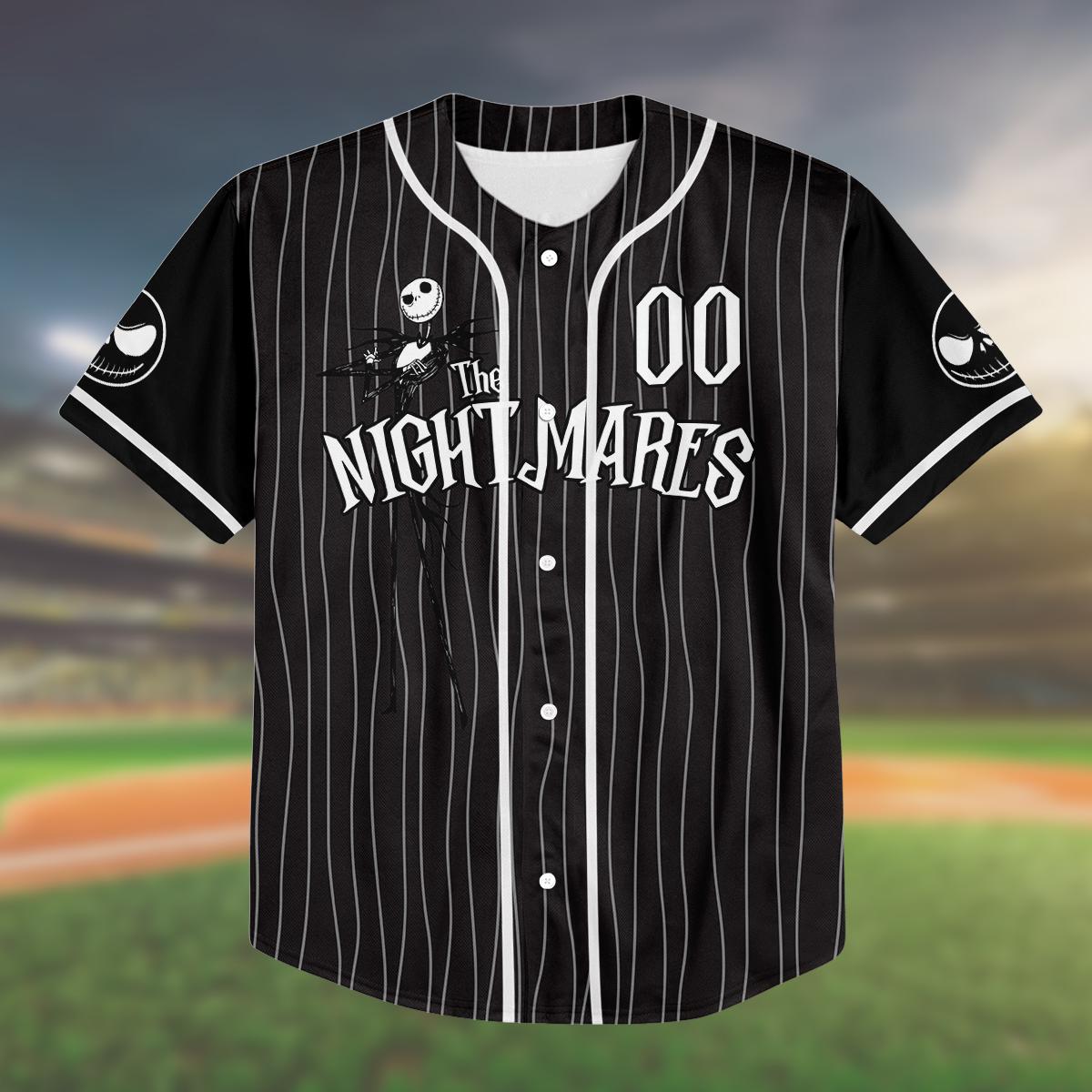 Custom Birthday Baseball Jersey, Jack Skellington Pinstripe Shirt, Personalized Name Number, Spooky Birthday Gift, Halloween Party baseball jersey product view 2