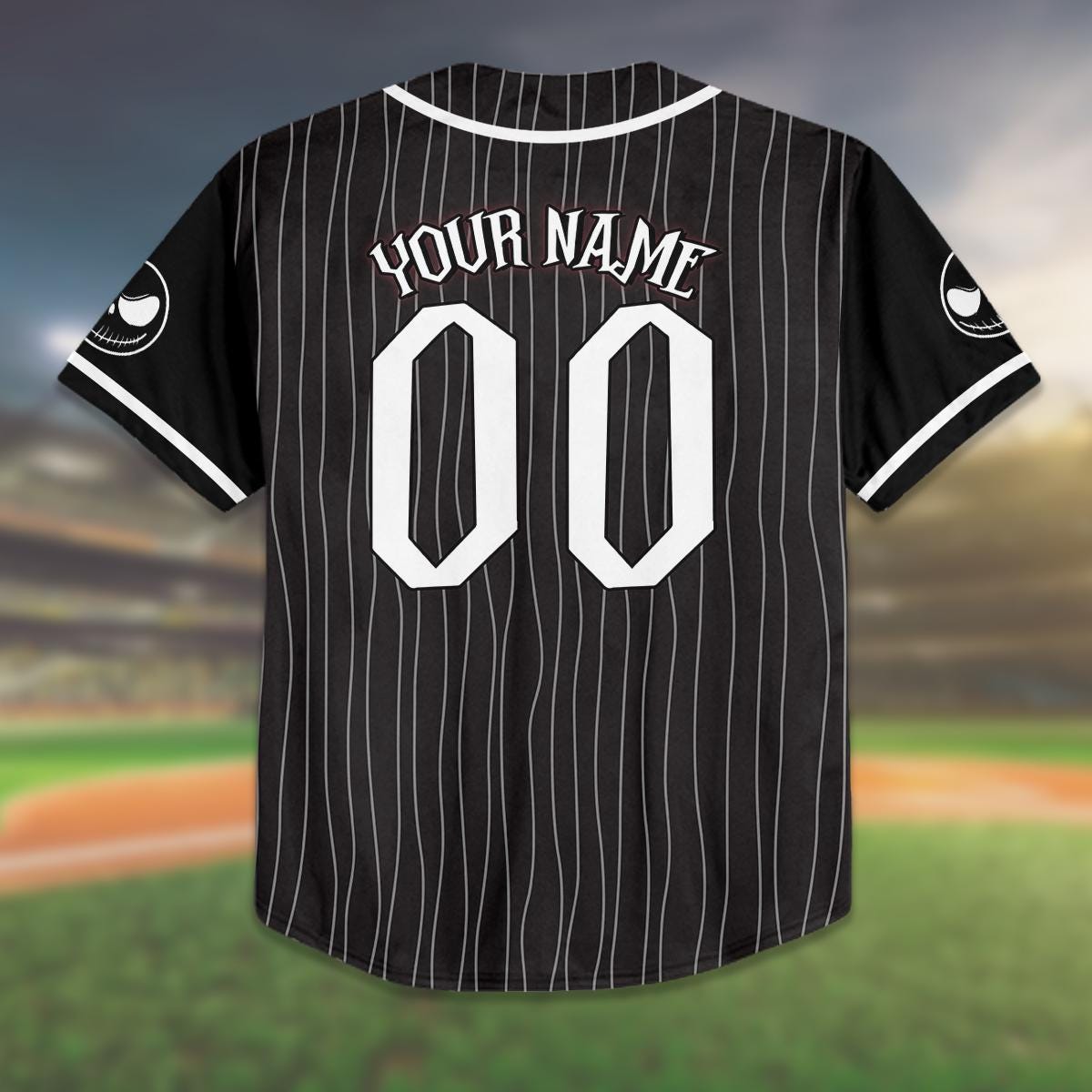 Custom Birthday Baseball Jersey, Jack Skellington Pinstripe Shirt, Personalized Name Number, Spooky Birthday Gift, Halloween Party baseball jersey product view 3