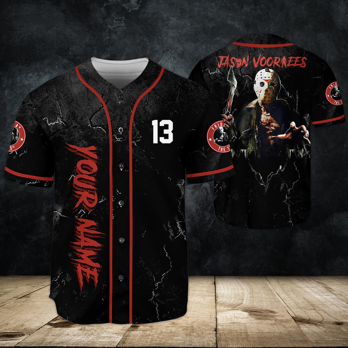Custom Jason Voorhees Baseball Jersey, Friday the 13th Horror Jersey, Personalized Halloween Jersey Shirt, Scary Movie Fan Gift baseball jersey product view 2