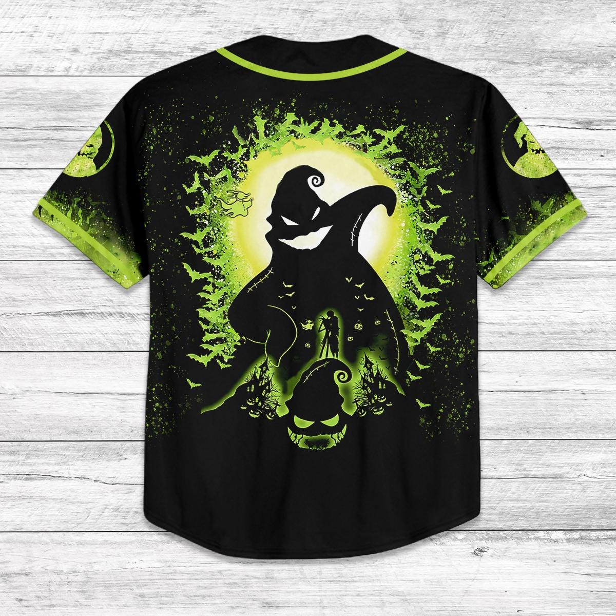 Custom Oogie Boogie Baseball Jersey, Nightmare Halloween Shirt, Glow Green Spooky Jersey, Personalized Halloween Costume Tee baseball jersey product view 3
