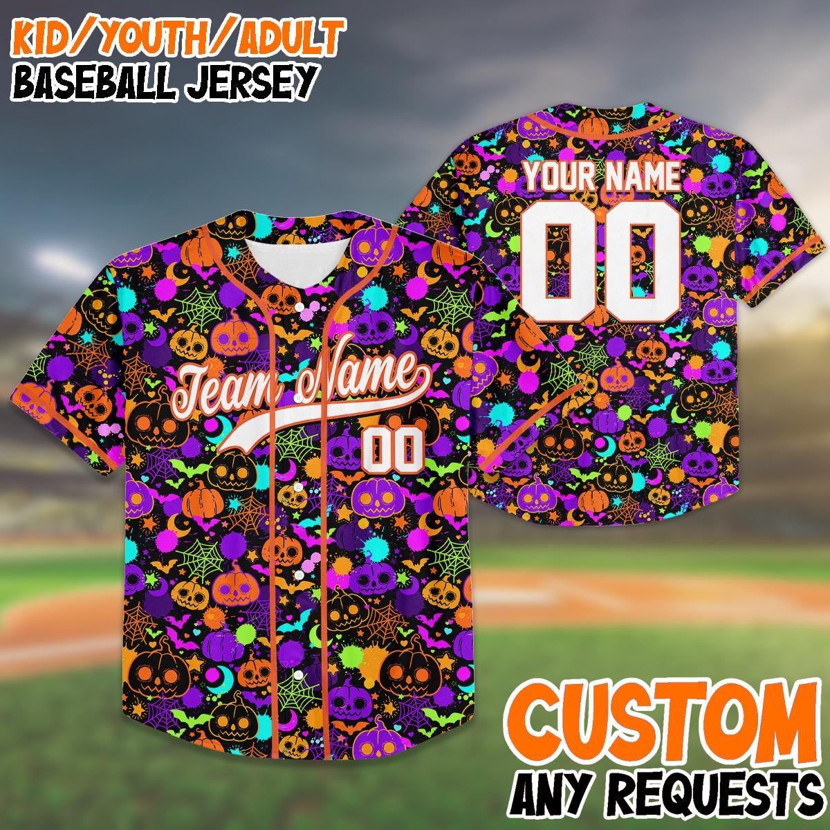 Custom Halloween Baseball Jersey, Spooky Pumpkin Team Shirt, Matching Family Outfit, Kid Youth Adult Name Number Gift, Birthday Gift For Kid baseball jersey product view 1