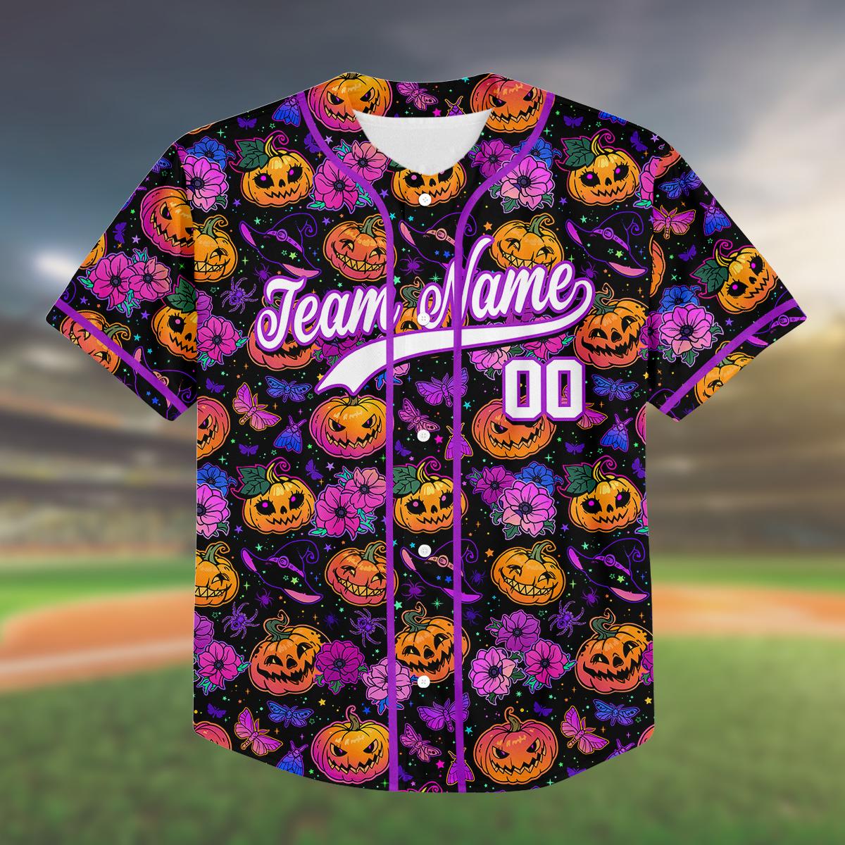 Custom Purple Halloween Baseball Jersey, Kids Youth Adult Shirt, Pumpkin Floral Spooky Outfit, Family Matching Costume Gift baseball jersey product view 2