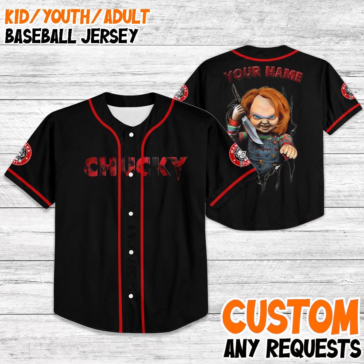 Custom Chucky Baseball Jersey, Kids Youth Adult Horror Jersey, Personalized Halloween Shirt, Scary Movie Costume Jersey Tee baseball jersey product view 1