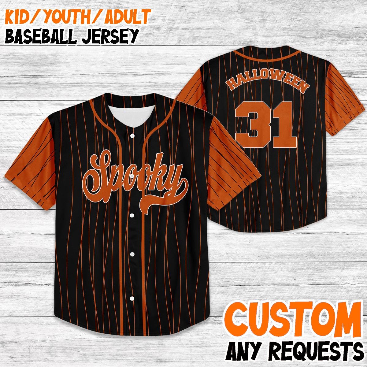 Custom Spooky Baseball Jersey, Halloween Jersey Shirt, Kids Youth Adult Matching Halloween Outfit, October 31 Costume Jersey Tee baseball jersey product view 1