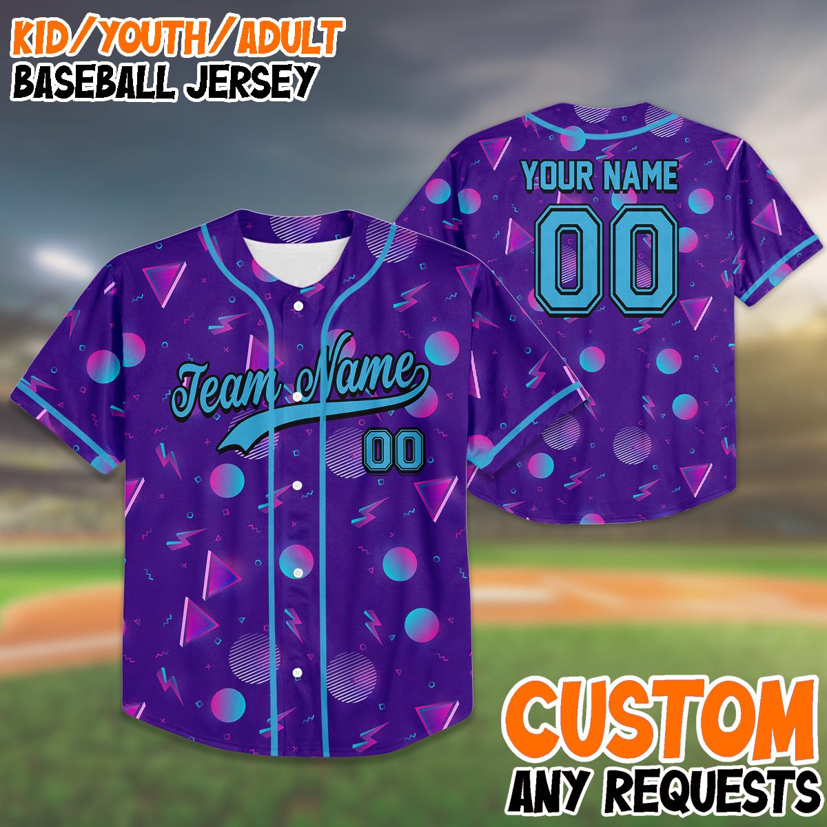 Custom Birthday Baseball Jersey for Kids and Adults, 90s Style Personalized Gift, Retro Neon Pattern, Team Name and Number Shirt baseball jersey product view 1