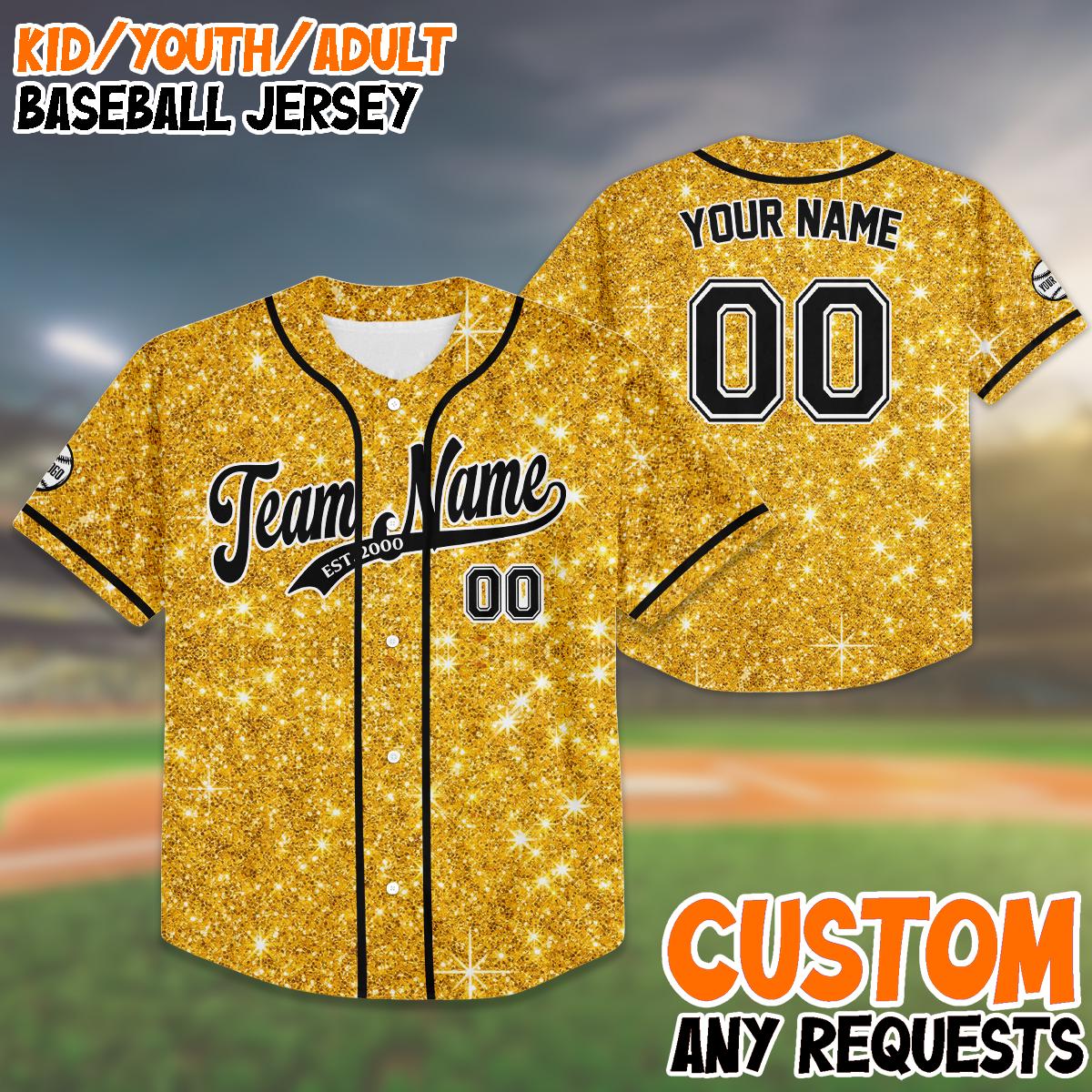 Custom Gold Glitter Baseball Jersey, Personalized Name And Number Shirt, Sparkly Jersey for Kids And Adults, Birthday or Team Gift baseball jersey product view 1