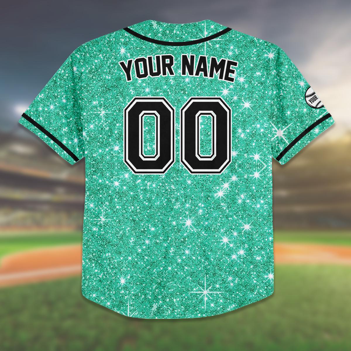 Custom Green Glitter Baseball Jersey, Personalized Sparkle Jersey for Kids And Adults, Name And Number Shirt, Fun Birthday Gift baseball jersey product view 3