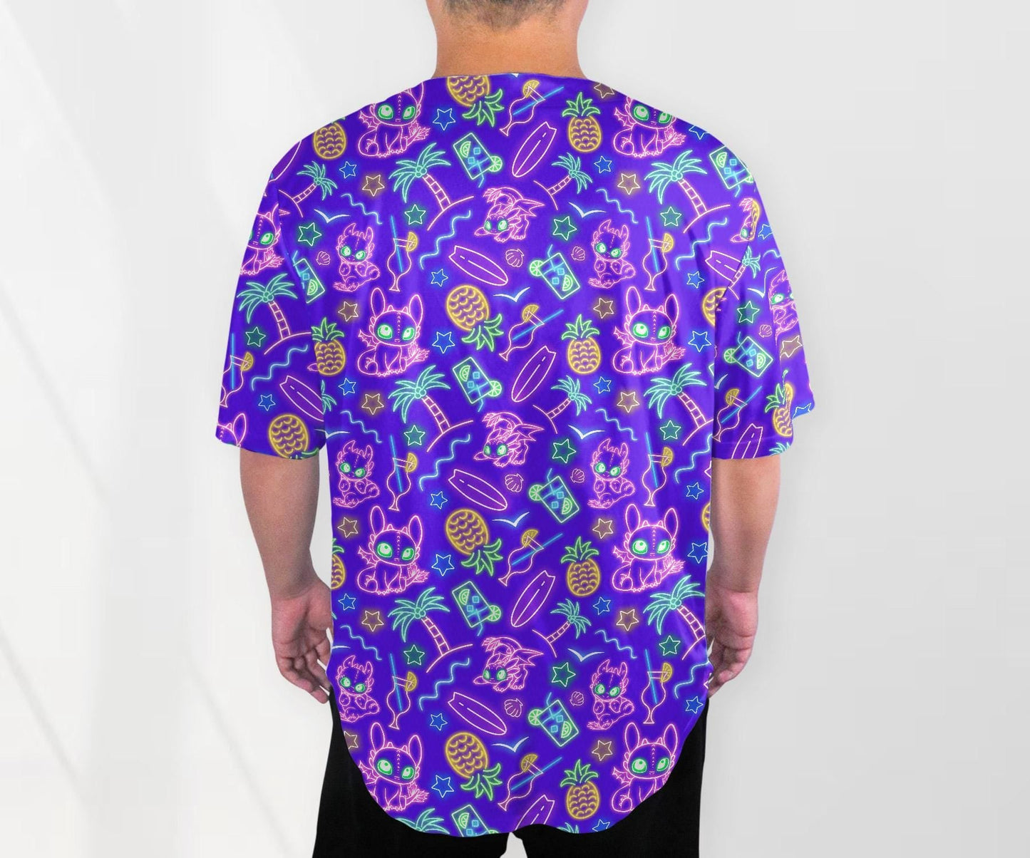 Toothless Baseball Jersey Shirt, Neon Dragon Button Up Shirt, Tropical Beach Style Jersey Gift for Adults, Unisex Dragon Shirt baseball jersey product view 3