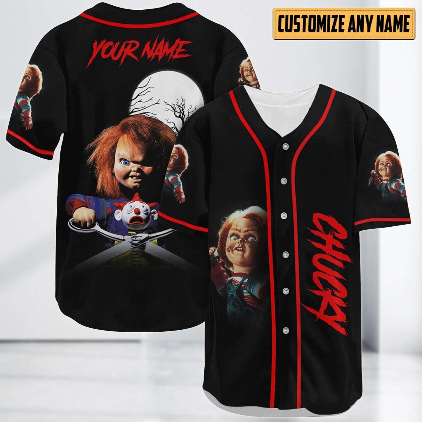 Chucky Baseball Jersey, Halloween Horror Jersey Shirt, Child’s Play Scary Baseball Shirt, Halloween Kids Jersey Gift baseball jersey product view 1