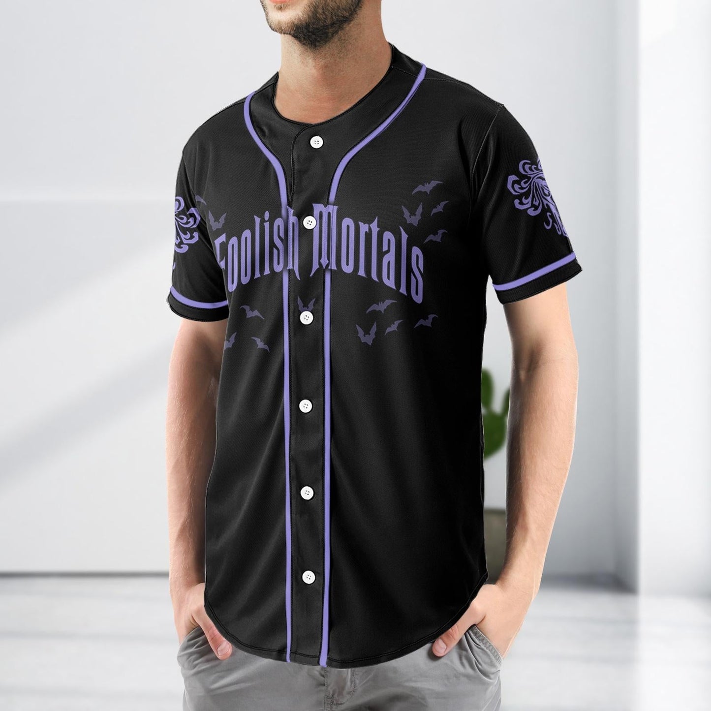 Haunted Mansion Baseball Jersey, Hitchhiking Ghosts Shirt, Foolish Mortals Jersey Shirt, Halloween Shirt baseball jersey product view 3