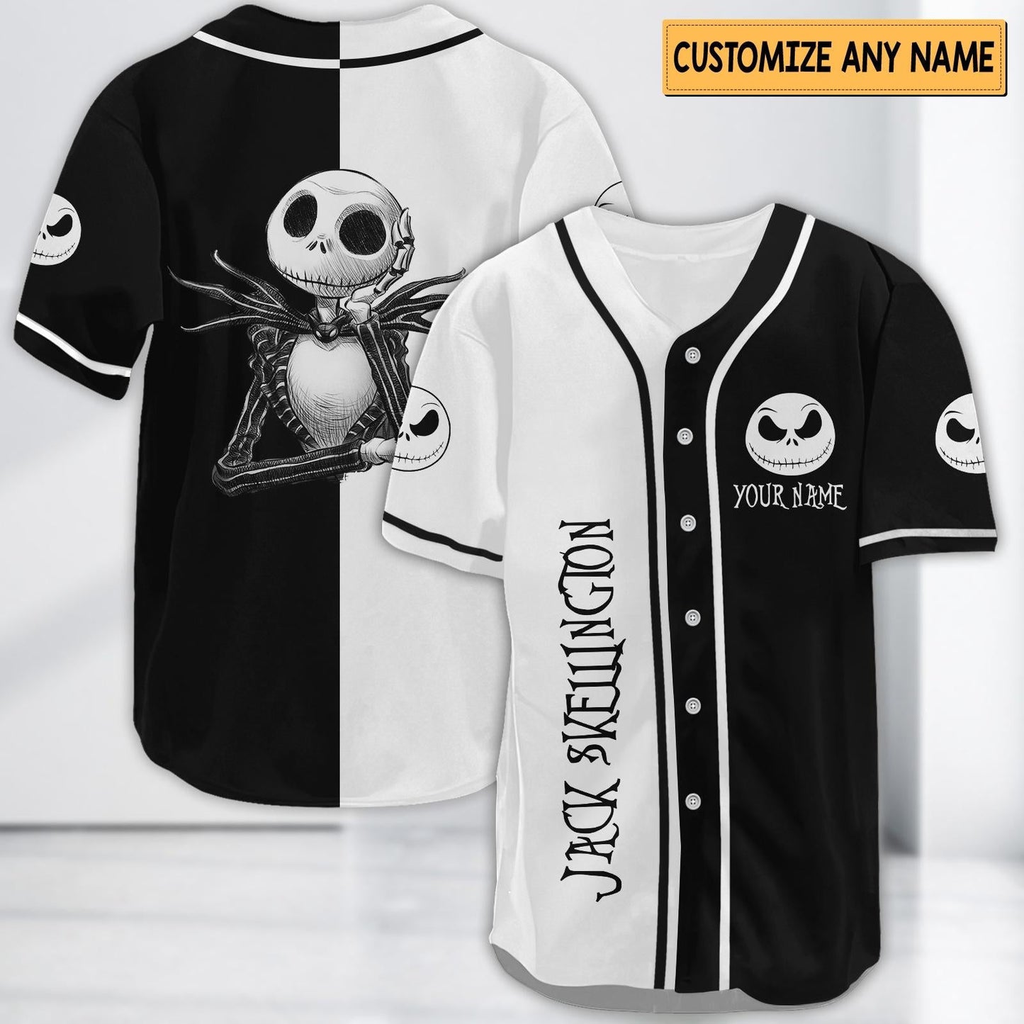 Custom Jack Skellington Baseball Jersey, Halloween Outfit, Nightmare Before Christmas Jersey Shirt, Halloween Jersey baseball jersey product view 1