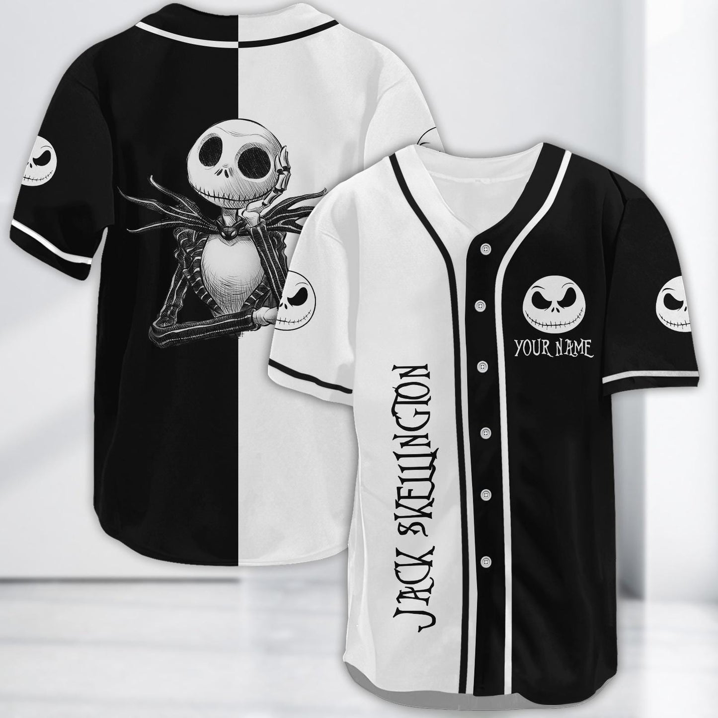 Custom Jack Skellington Baseball Jersey, Halloween Outfit, Nightmare Before Christmas Jersey Shirt, Halloween Jersey baseball jersey product view 2